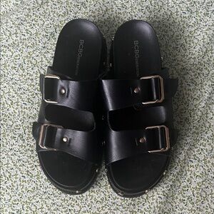 BCBGeneration Black Double Buckle Slide Sandals with Gold Hardware